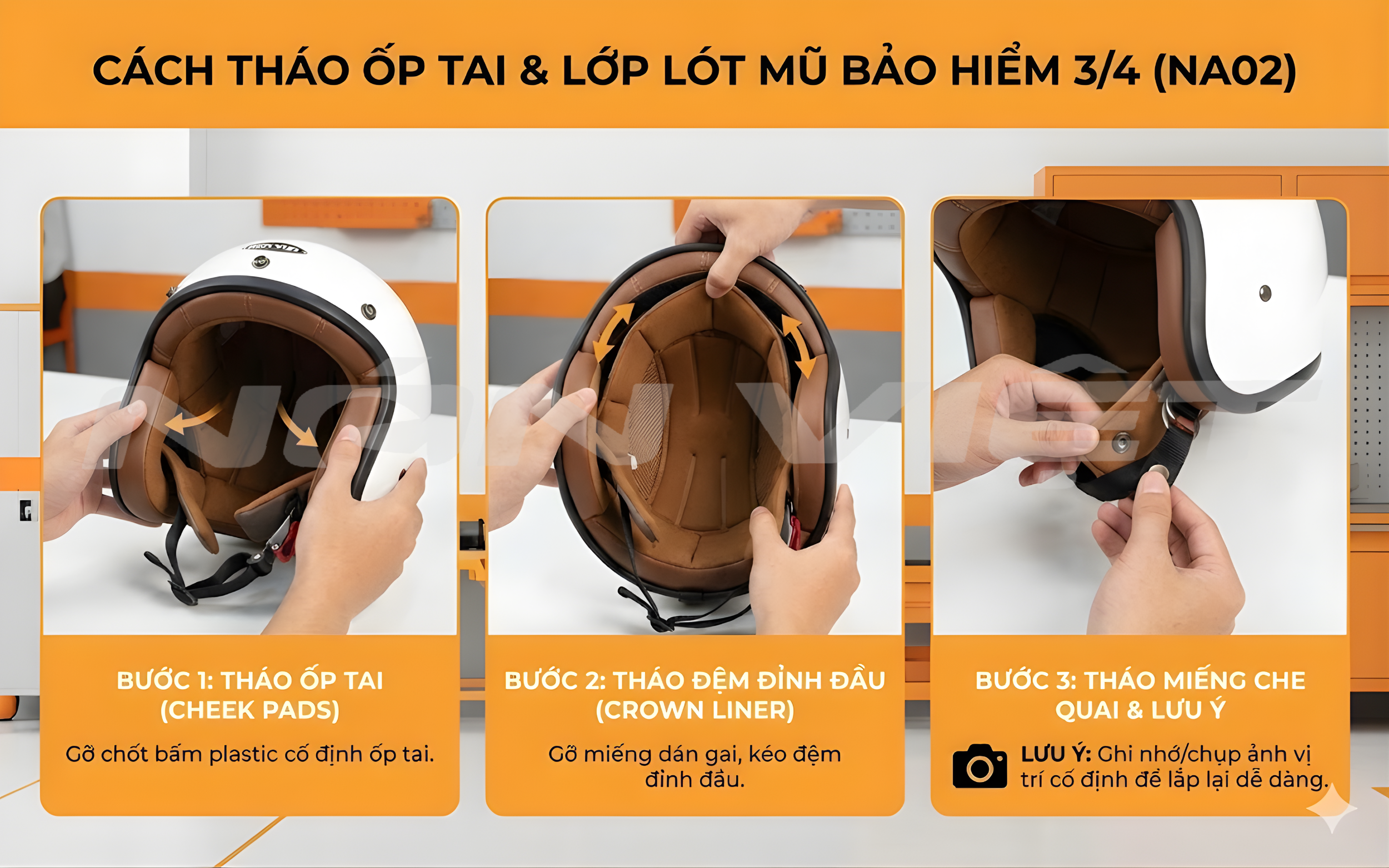 Cách Tháo Lắp Nón Bảo Hiểm 3/4 Chi Tiết Để Vệ Sinh Tại Nhà 3 Tháo Ốp Tai Và Lớp Lót Mũ Bảo Hiểm Ra Khỏi Vỏ