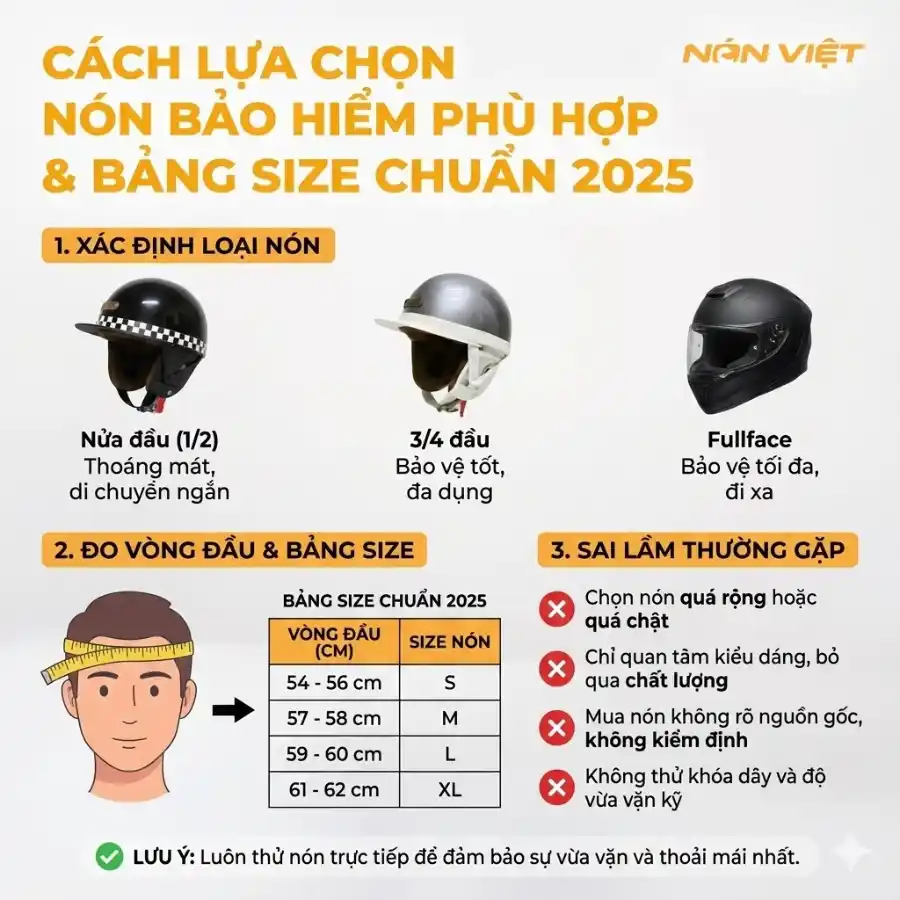 Cách Lựa Chọn Nón Bảo Hiểm Phù Hợp & Bảng Size Chuẩn 2025
