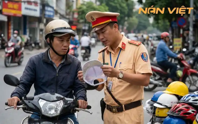Các Loại Mũ Bảo Hiểm Bị Cấm Lưu Hành Và Mức Phạt 2025 1 Cảnh Sát Giao Thông Đang Kiểm Tra Mũ Bảo Hiểm Của Người Đi Đường