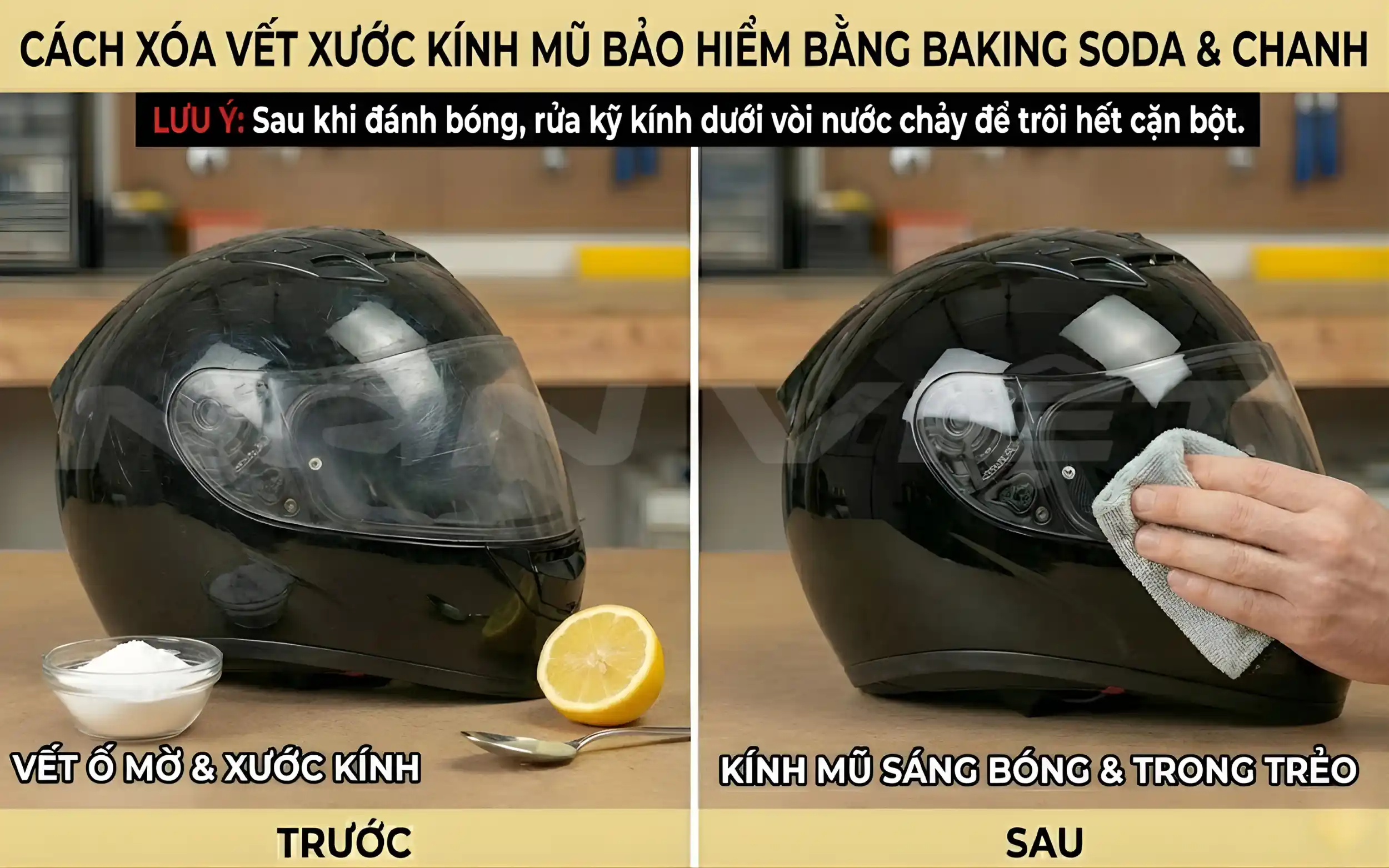 Phương Pháp Phục Hồi Kính Mũ Bảo Hiểm Bằng Baking Soda