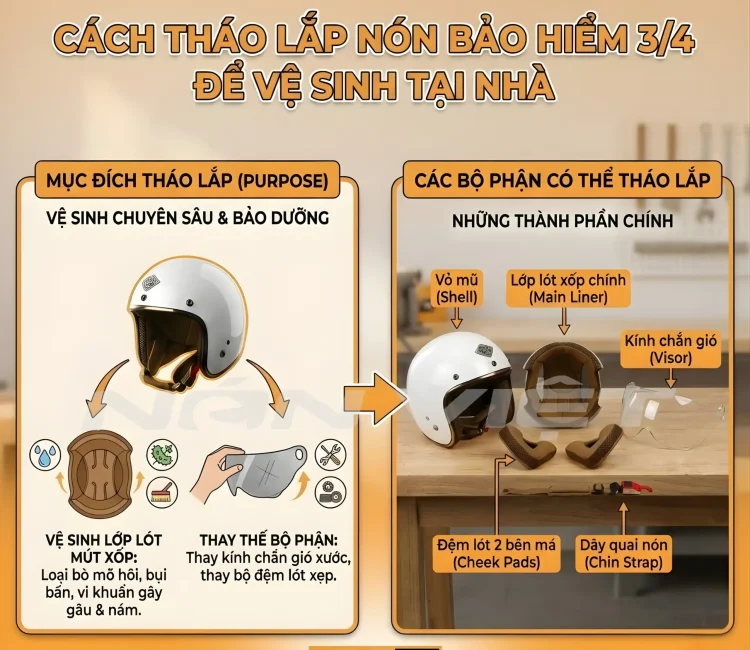 Cách Tháo Lắp Nón Bảo Hiểm 3/4 Chi Tiết Để Vệ Sinh Tại Nhà