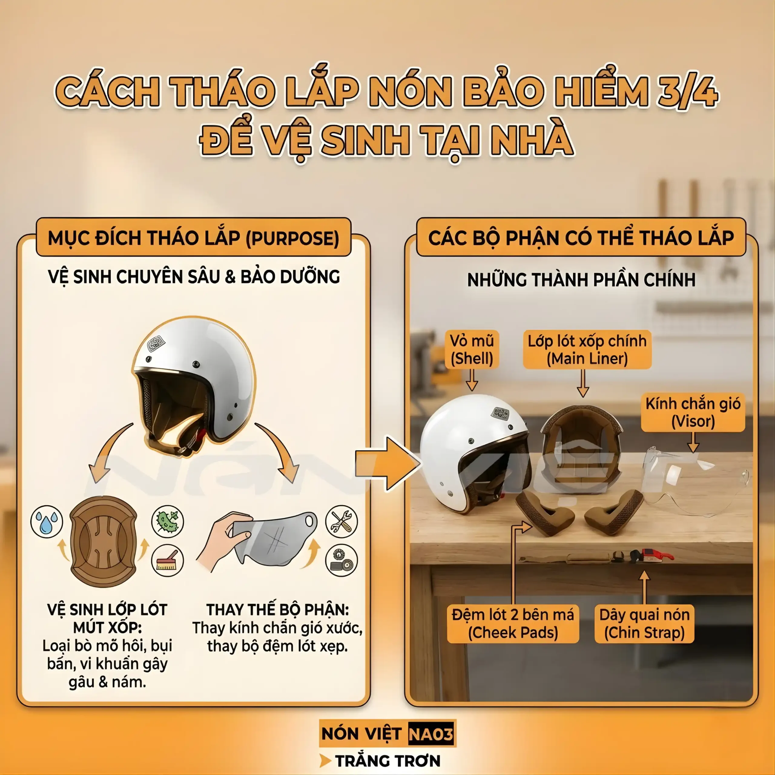 Cách tháo lắp nón bảo hiểm 3/4 chi tiết để vệ sinh tại nhà