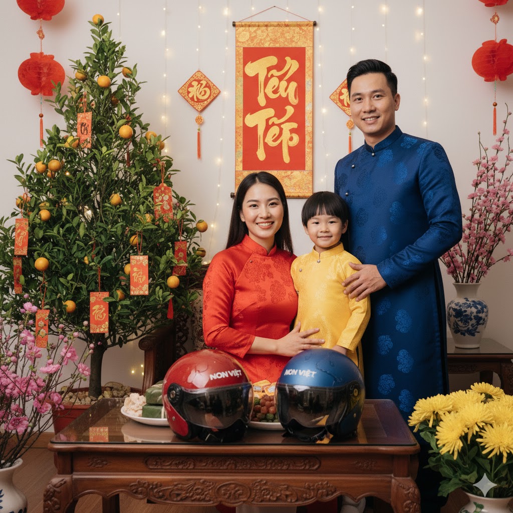 Một Gia Đình Sum Vầy Ngày Tết, Phía Trước Là Cặp Mũ Bảo Hiểm Nón Việt